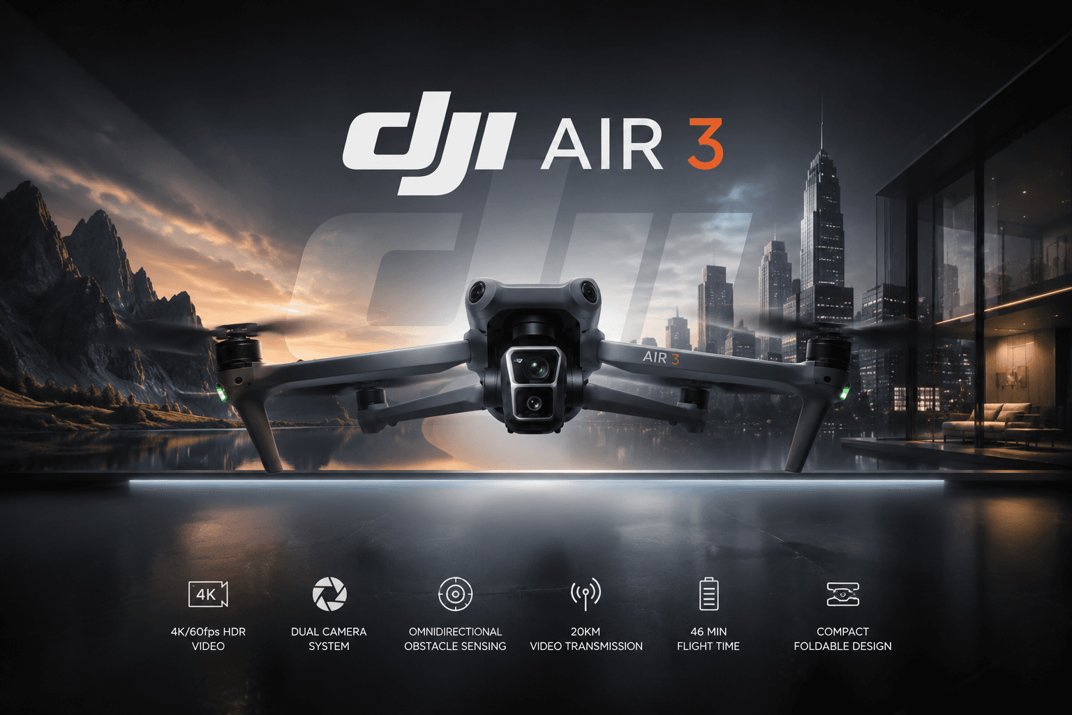 DJI Air 3 drone in flight over landscape